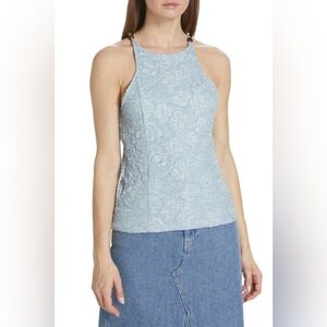 GANNI Pattern Beaded Jacquard Floral Top Sky Blue Sz 38/6 NWT Style F8022